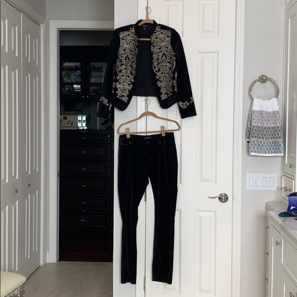 Once worn velvet black suit w bright beige design.